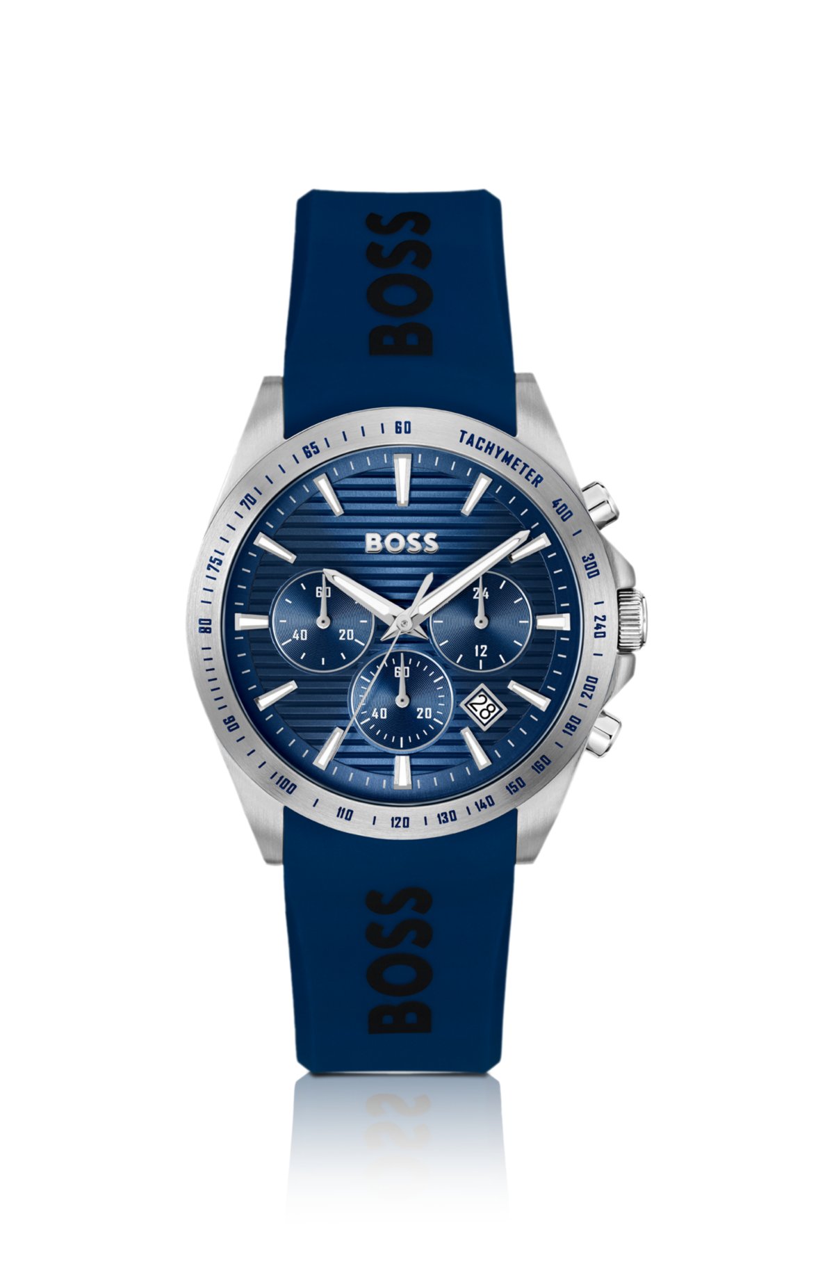 Reloj cronógrafo con correa de logotipo y esfera azul texturizada