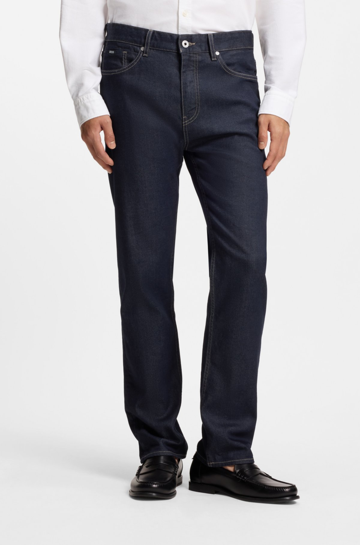 Pantalones vaqueros rectos en denim elástico de color índigo