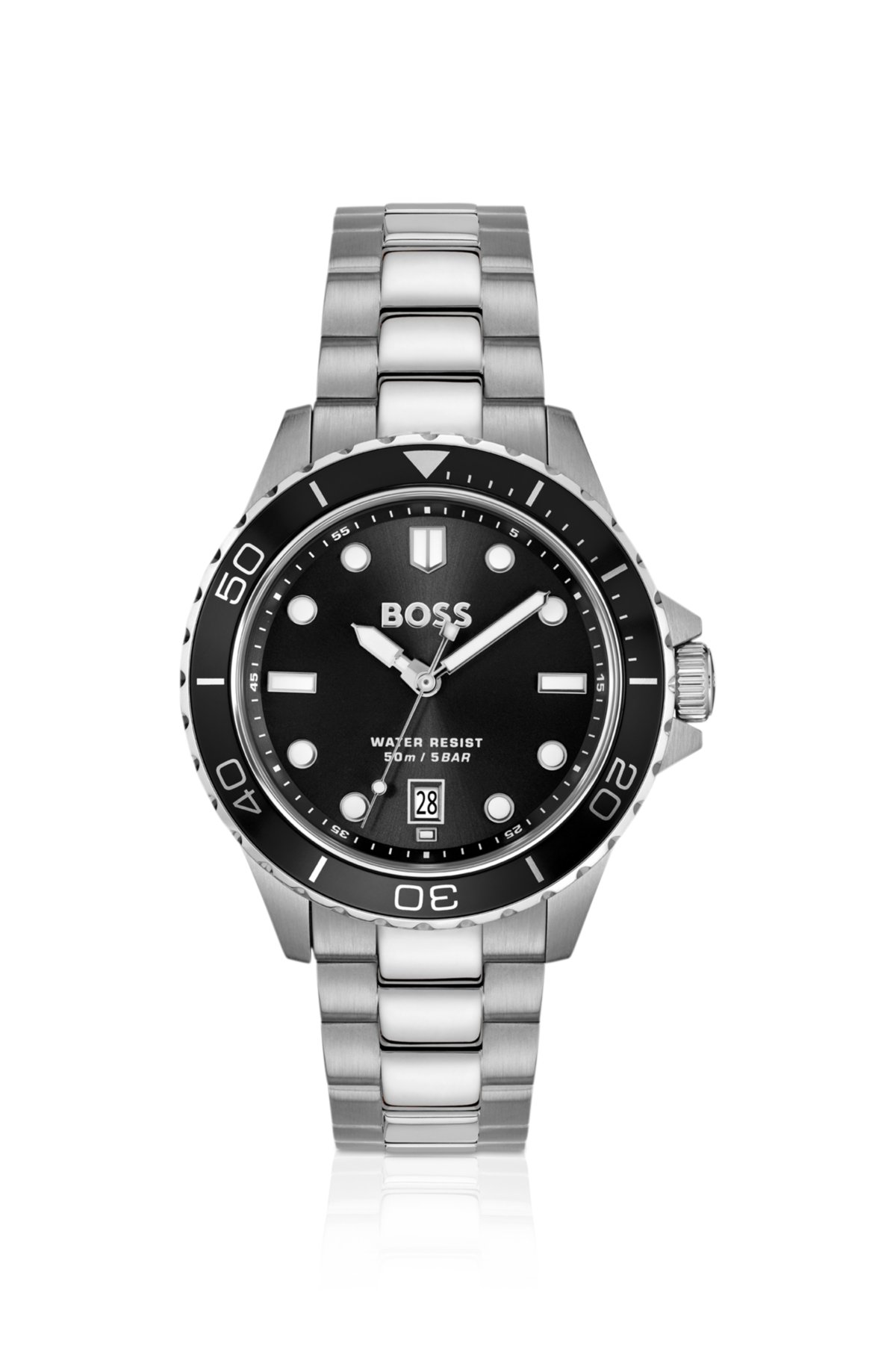 Reloj de pulsera con brazalete de acero y esfera negra