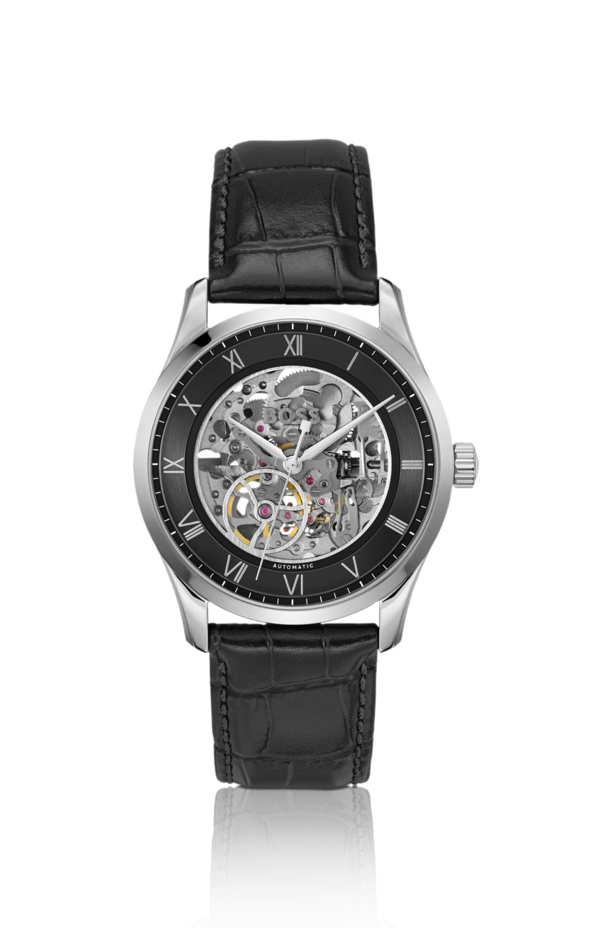 Reloj de correa de cuero con movimiento japonés automático tipo esqueleto