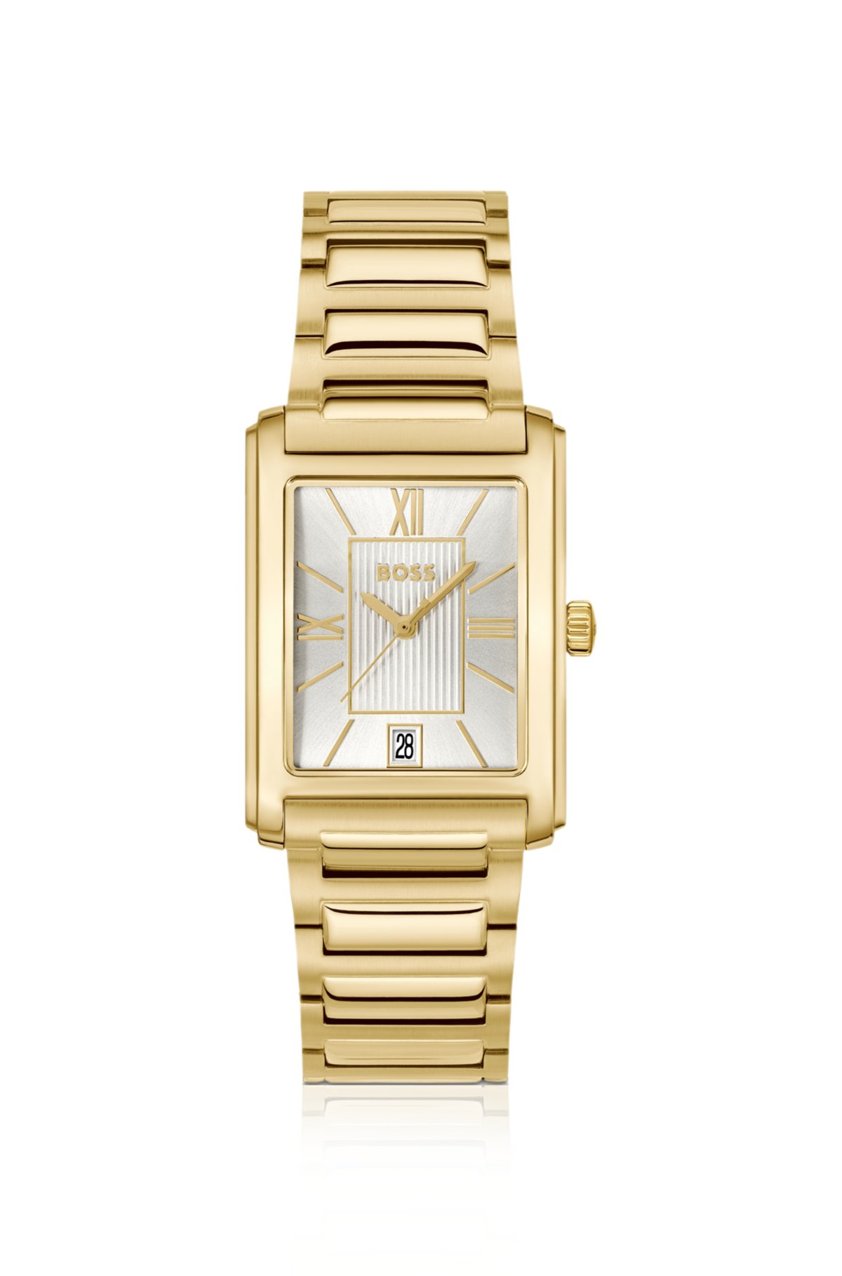 Reloj de tono dorado con esfera plateada blanca