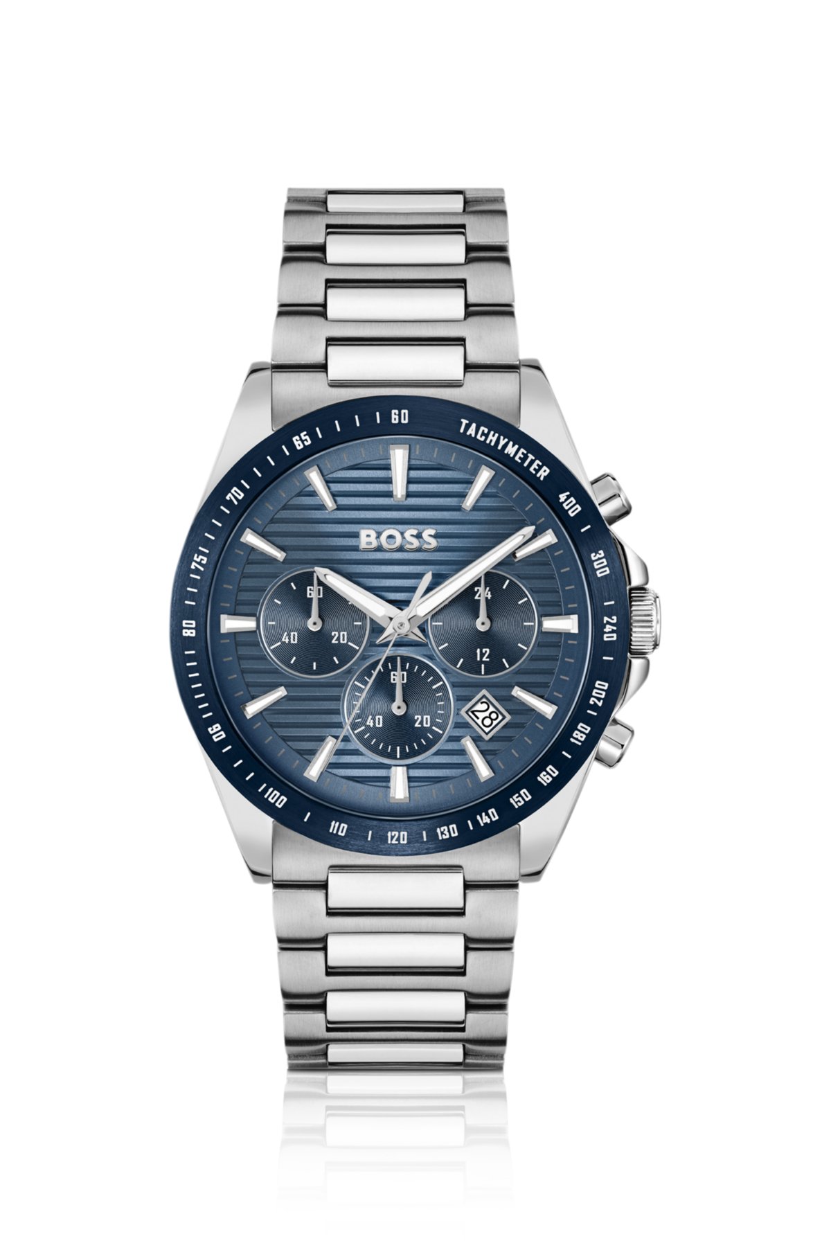 Reloj cronógrafo con pulsera de enlace y esfera azul con textura