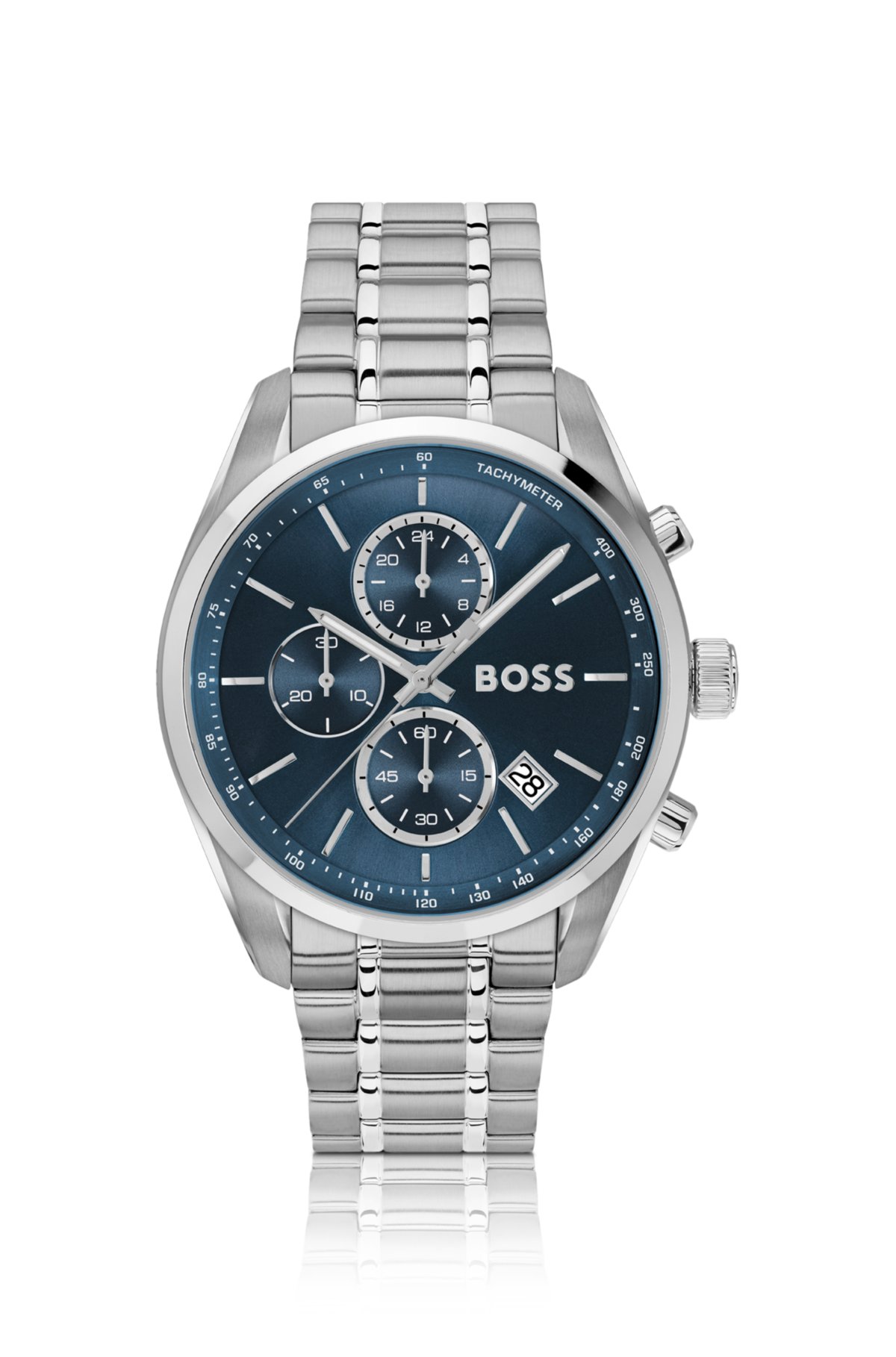 Reloj cronógrafo con esfera azul en acero tono plata