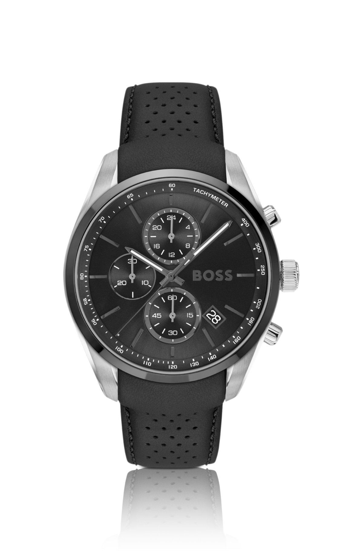 Reloj cronógrafo con correa de cuero y esfera negra