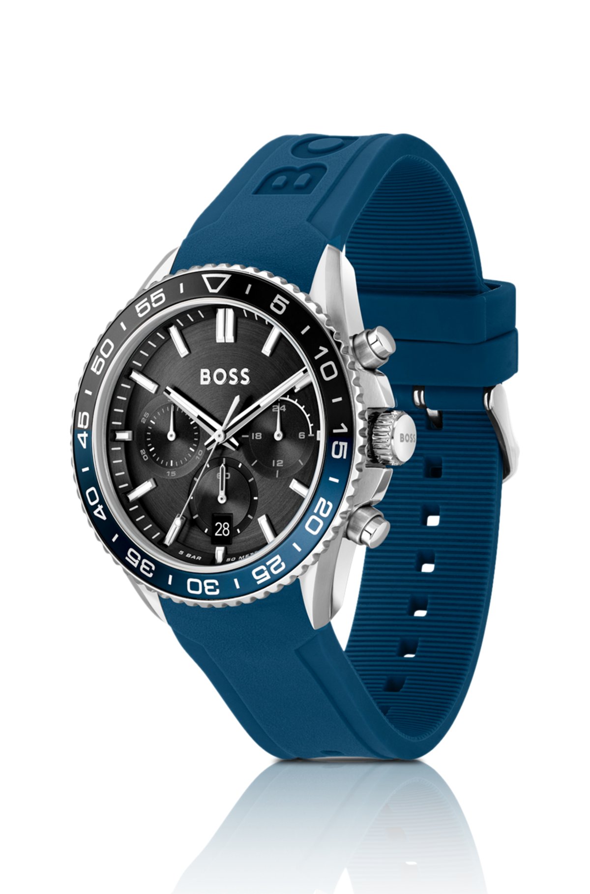 Reloj cronógrafo con esfera negra y correa de silicona azul