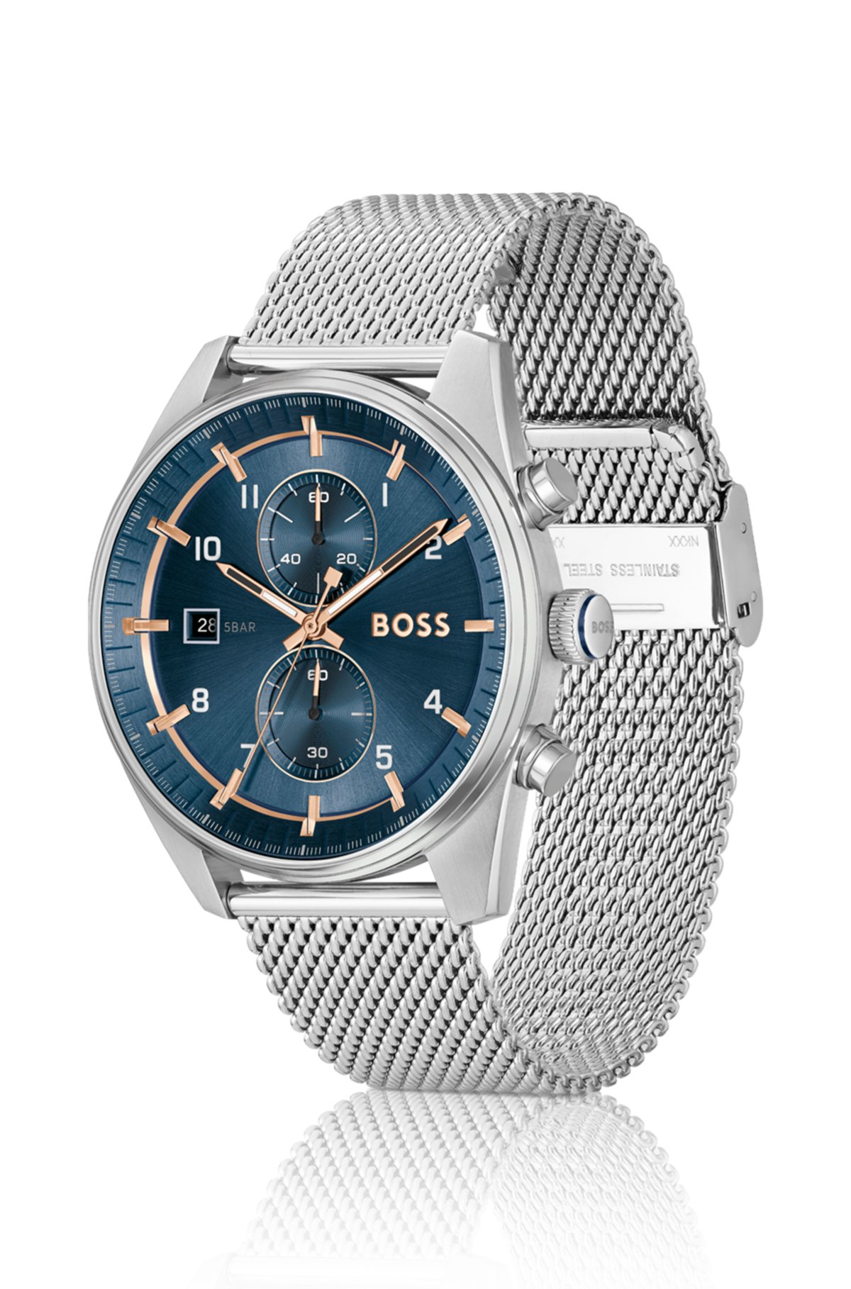 Reloj cronógrafo con esfera azul y pulsera de malla