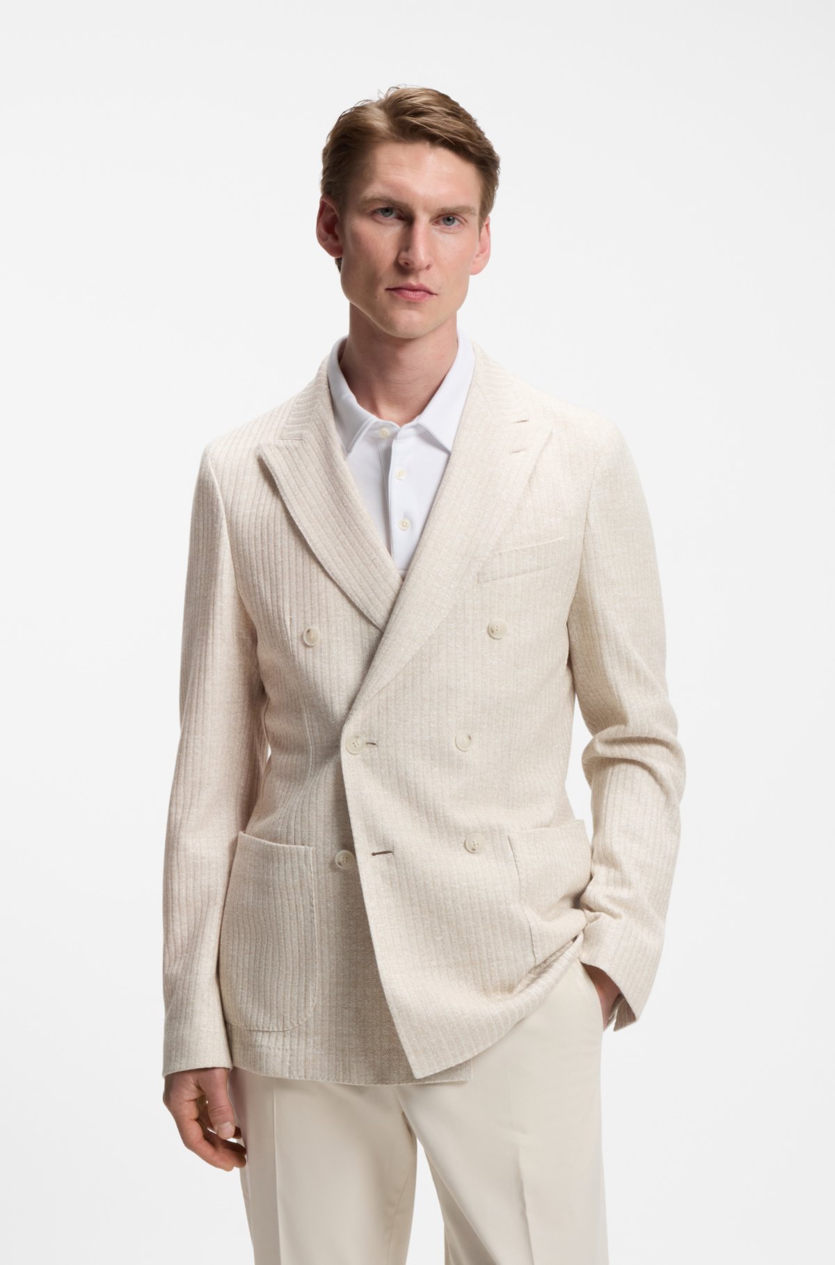 Blazer ajustado en lino y algodón con rayas