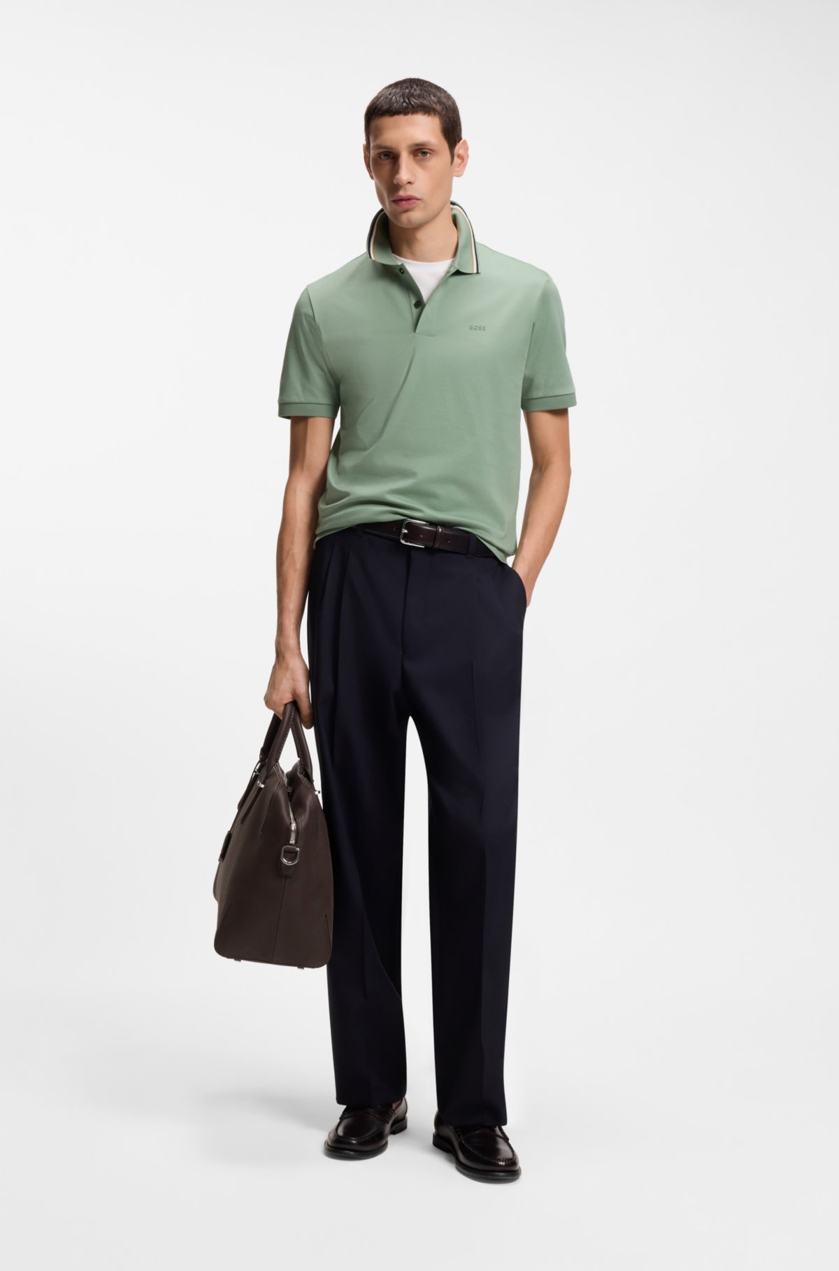 Camiseta de polo ajustada con cuello rayado en algodón con logo