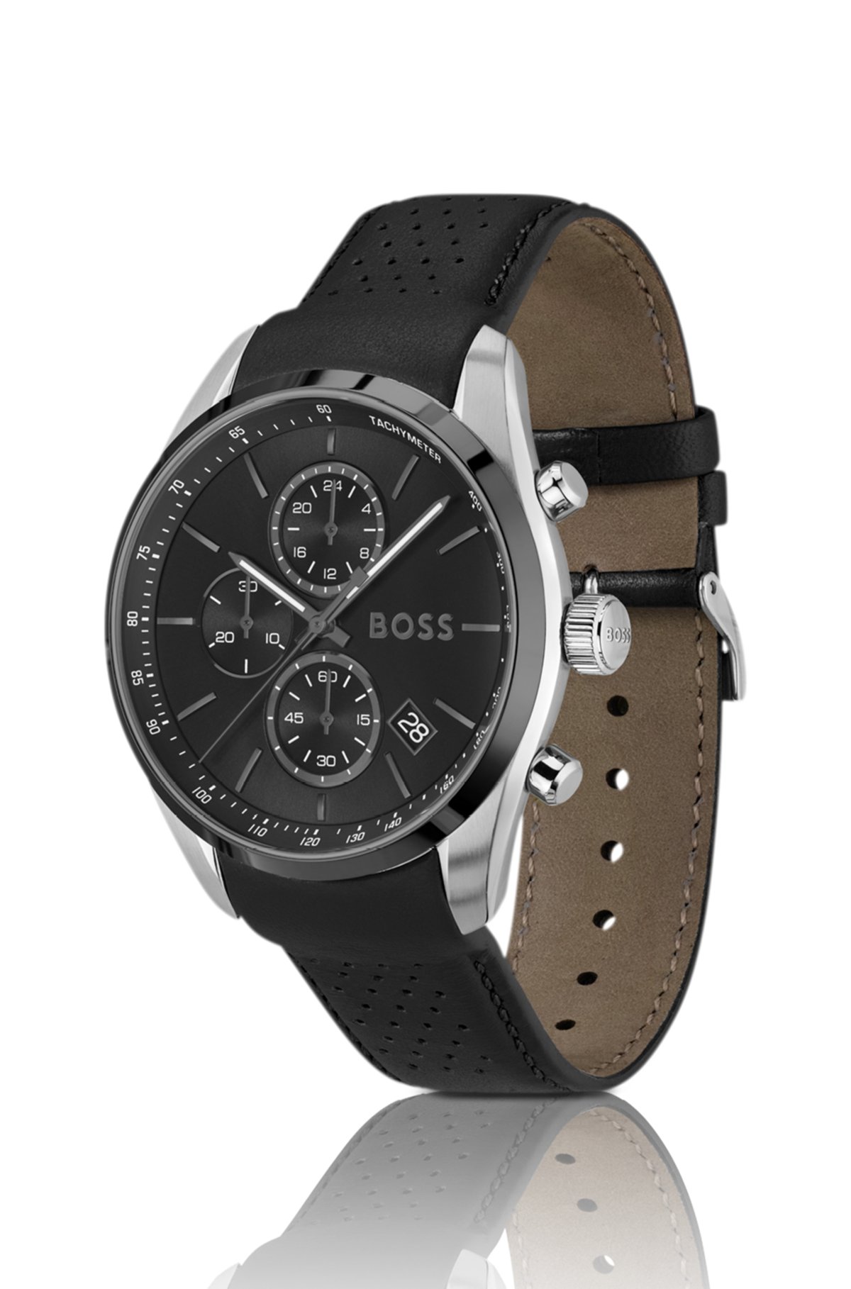 Reloj cronógrafo con correa de cuero y esfera negra