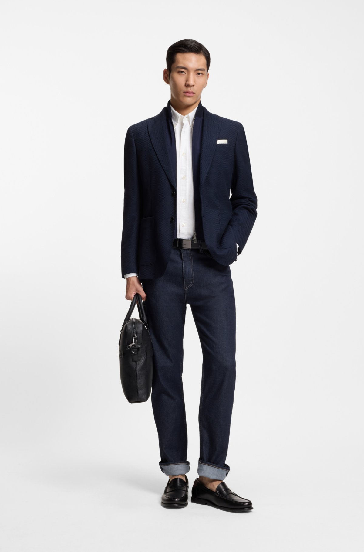 Pantalones vaqueros rectos en denim elástico de color índigo