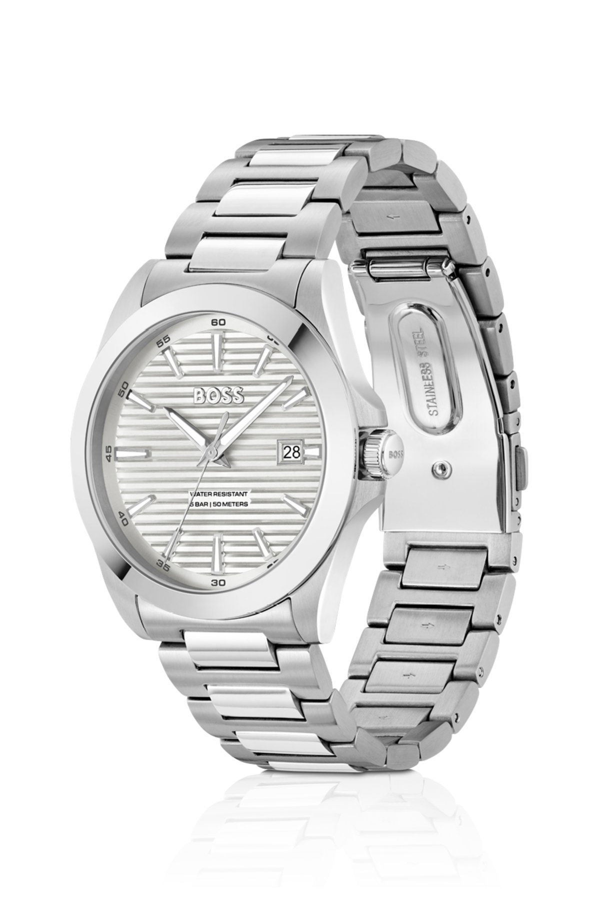 Reloj de acero inoxidable con esfera ranurada