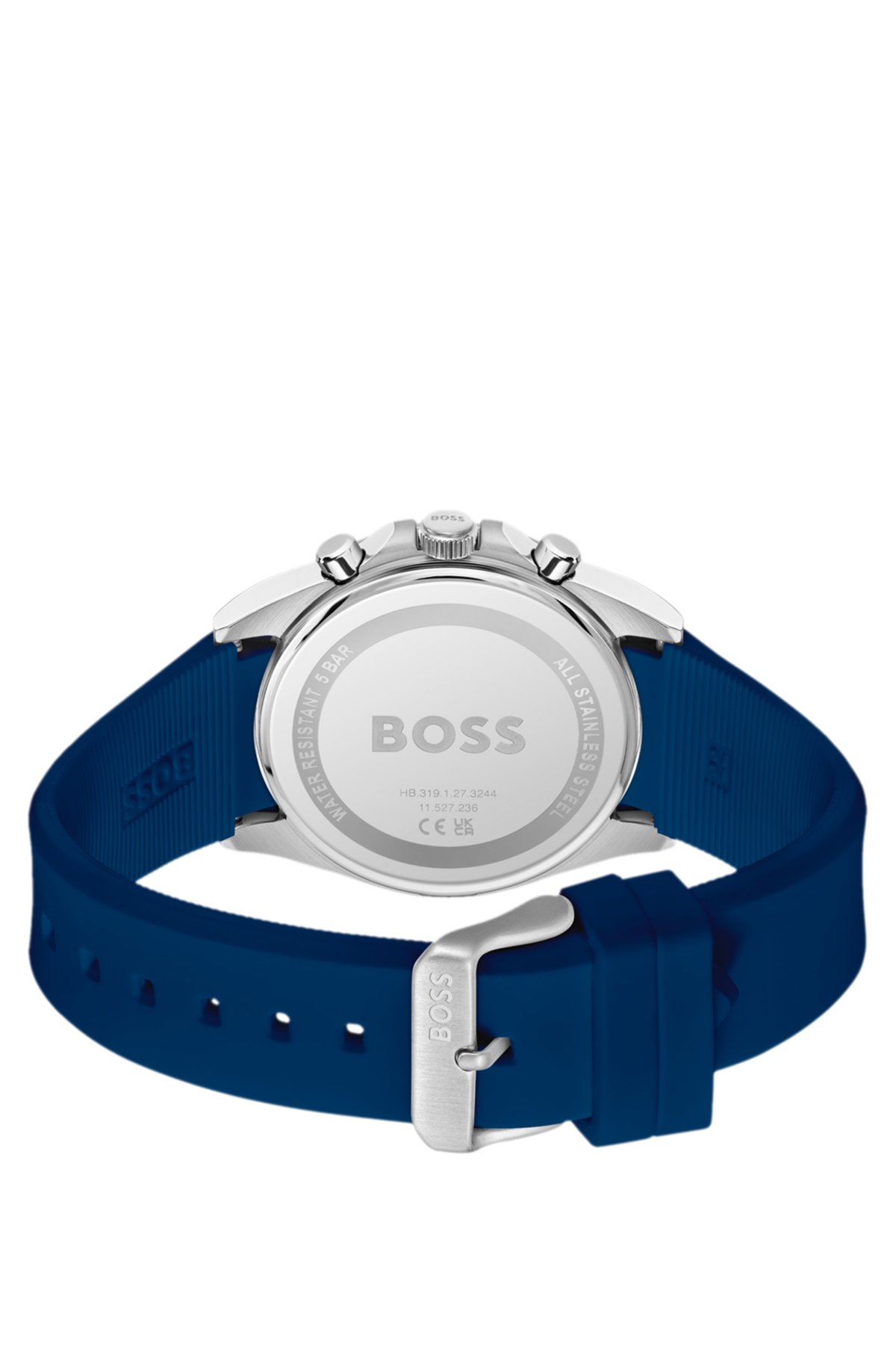 Reloj cronógrafo con correa de logotipo y esfera azul texturizada