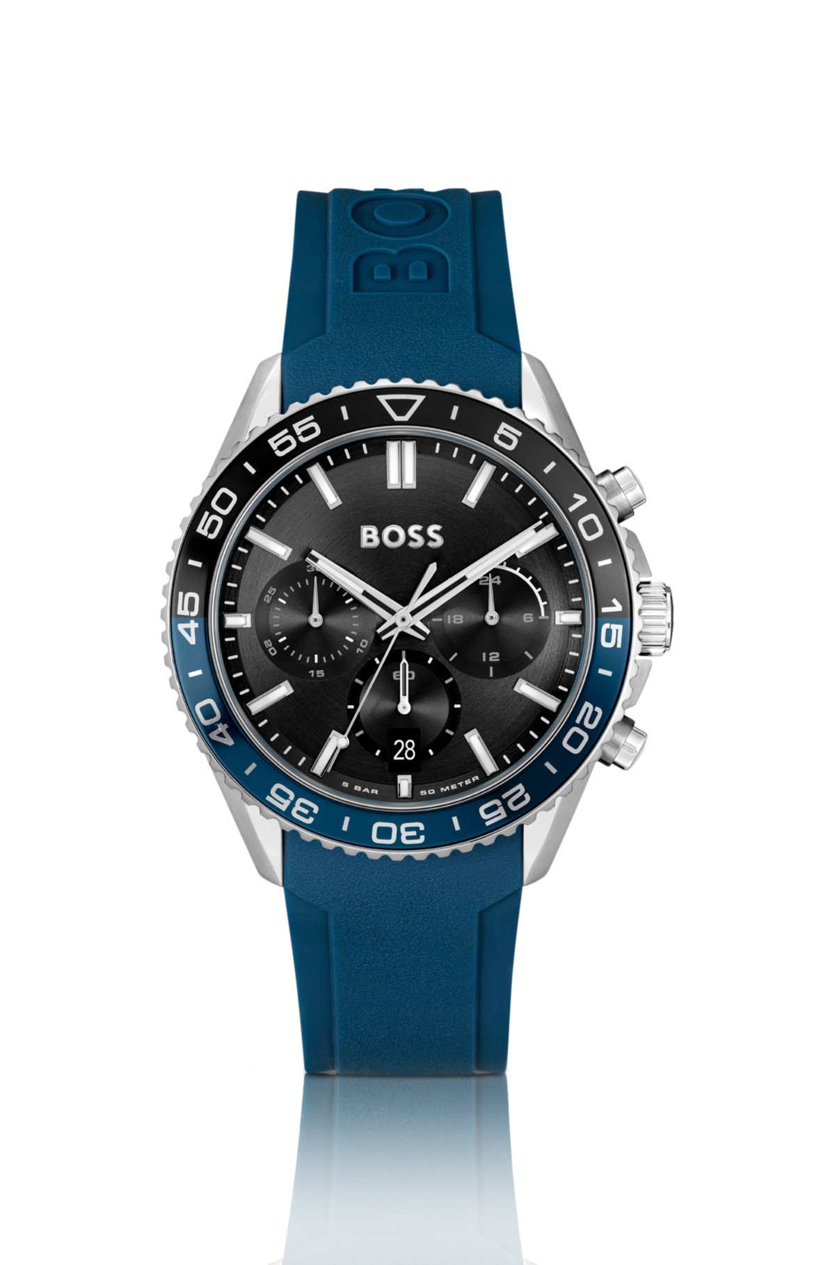 Reloj cronógrafo con esfera negra y correa de silicona azul