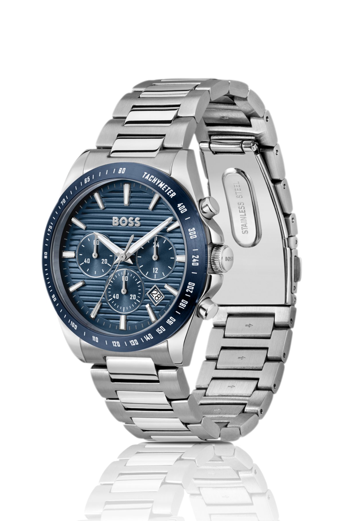Reloj cronógrafo con pulsera de enlace y esfera azul con textura