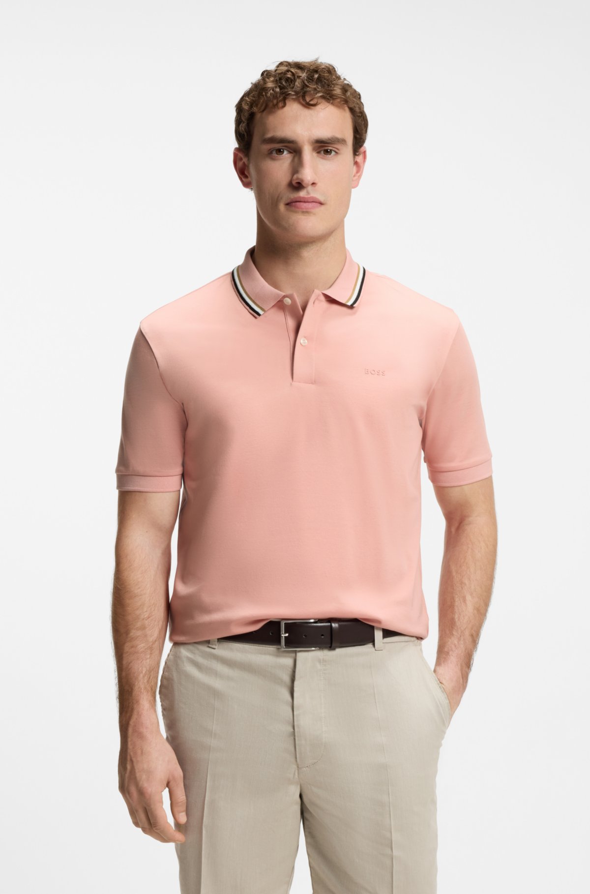Camiseta de polo ajustada con cuello rayado en algodón con logotipo