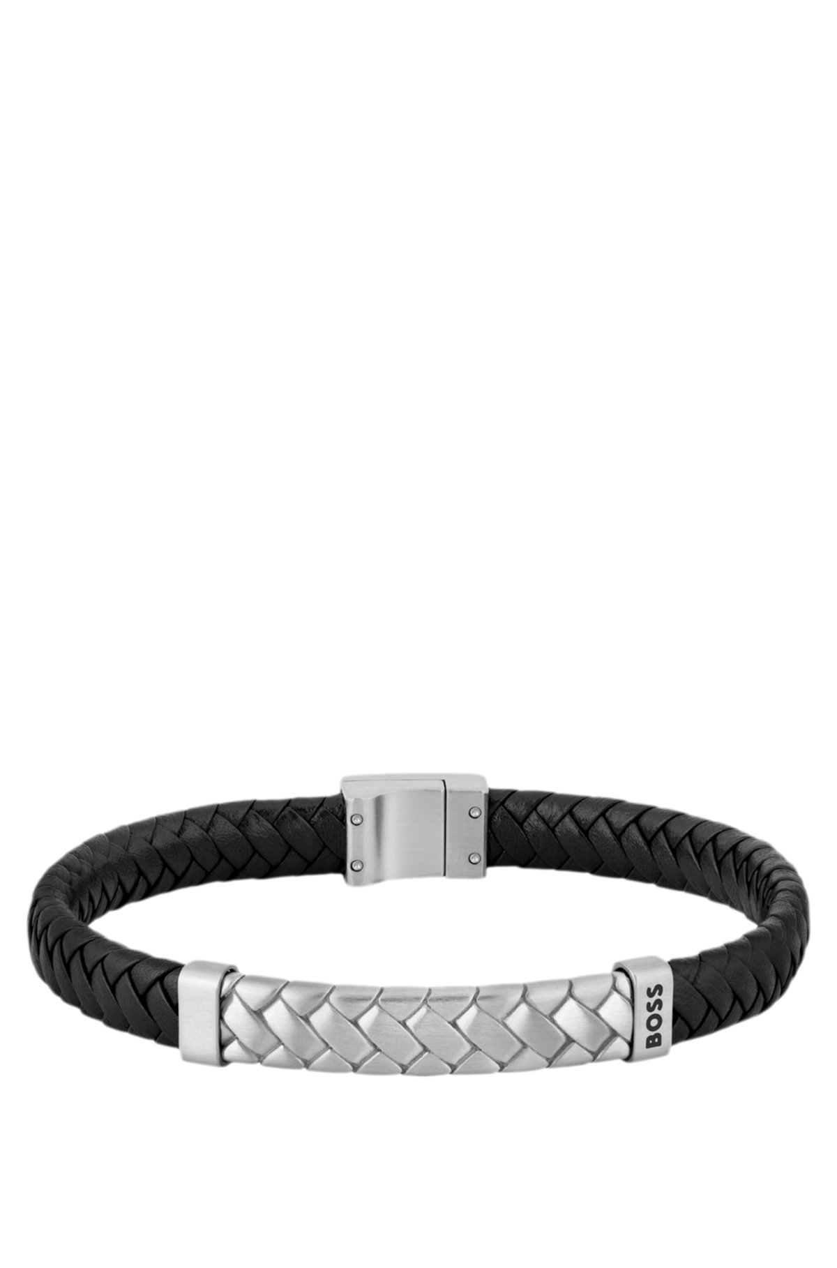 Pulsera de cuero trenzado negro con detalles de herraje en rombo