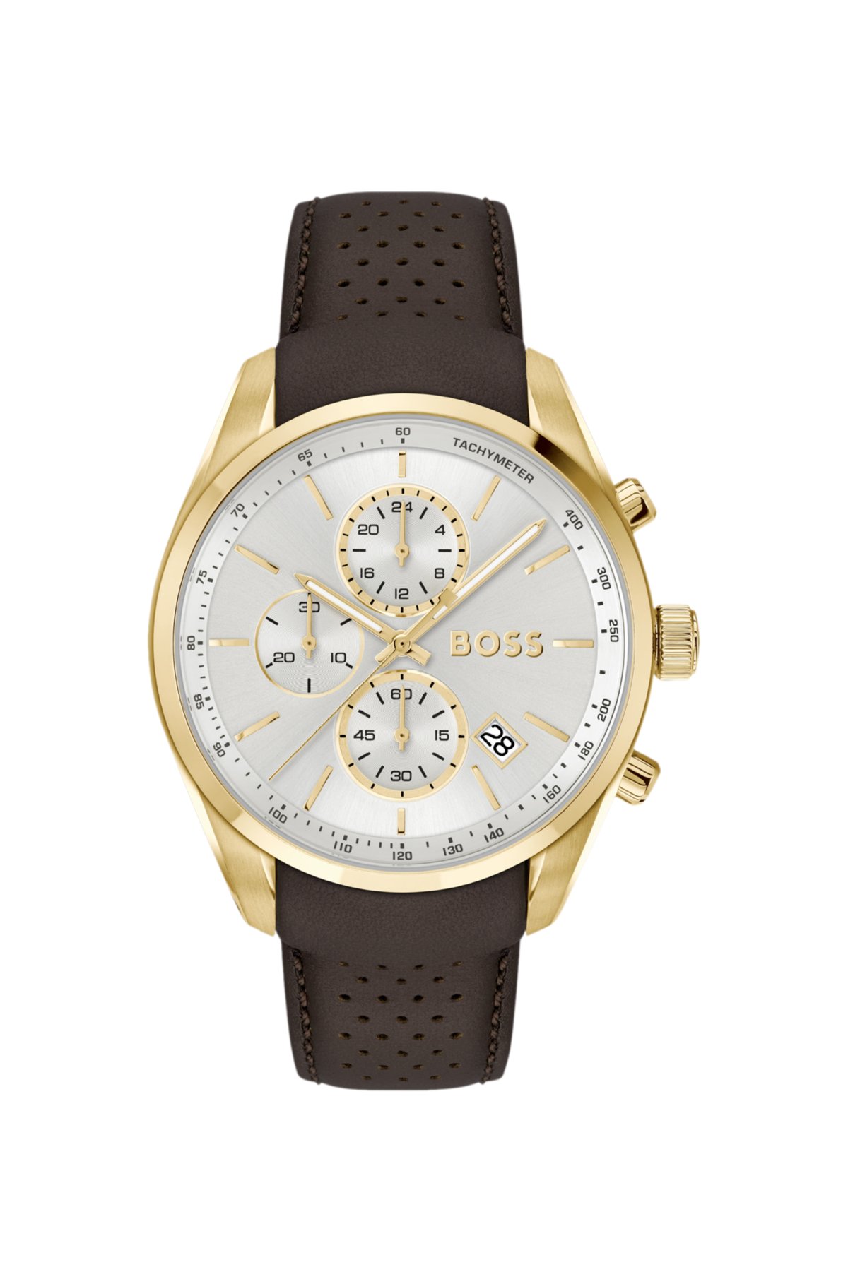 Reloj cronógrafo de tono dorado GRAND PRIX 44 con correa de cuero perforada