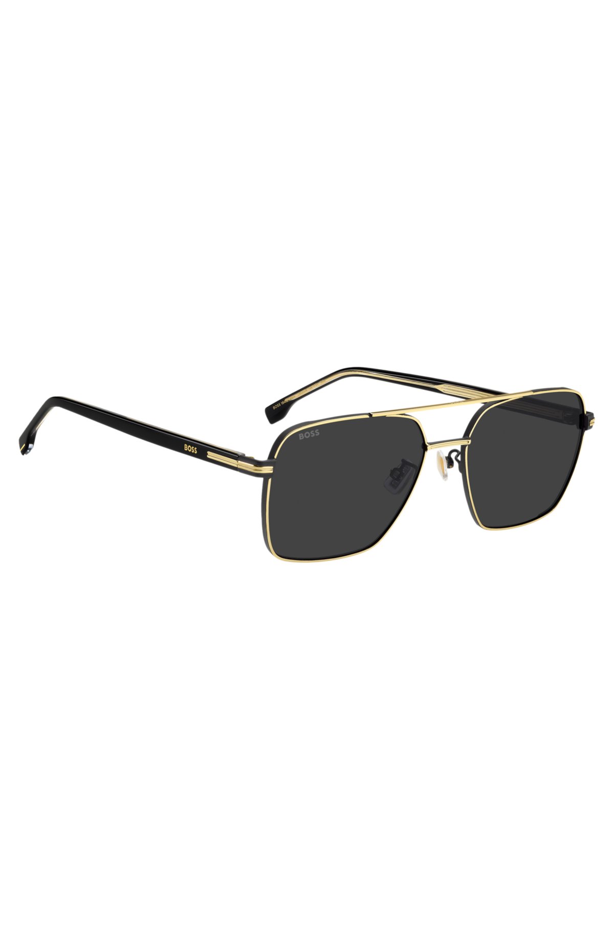 Gafas de sol con doble puente tono dorado y temples de acetato negro