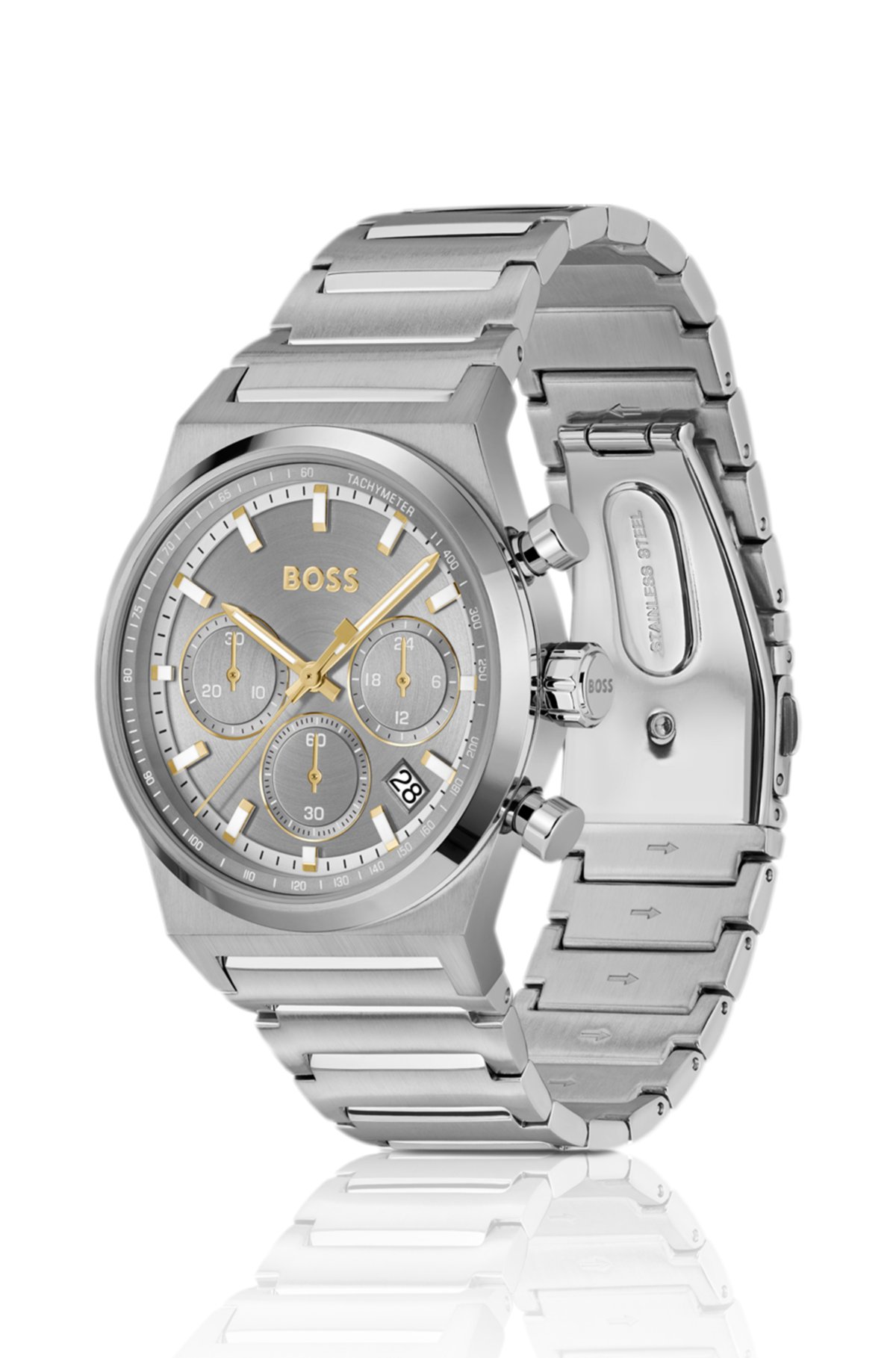 Reloj cronógrafo con pulsera de eslabones en acero tono plata