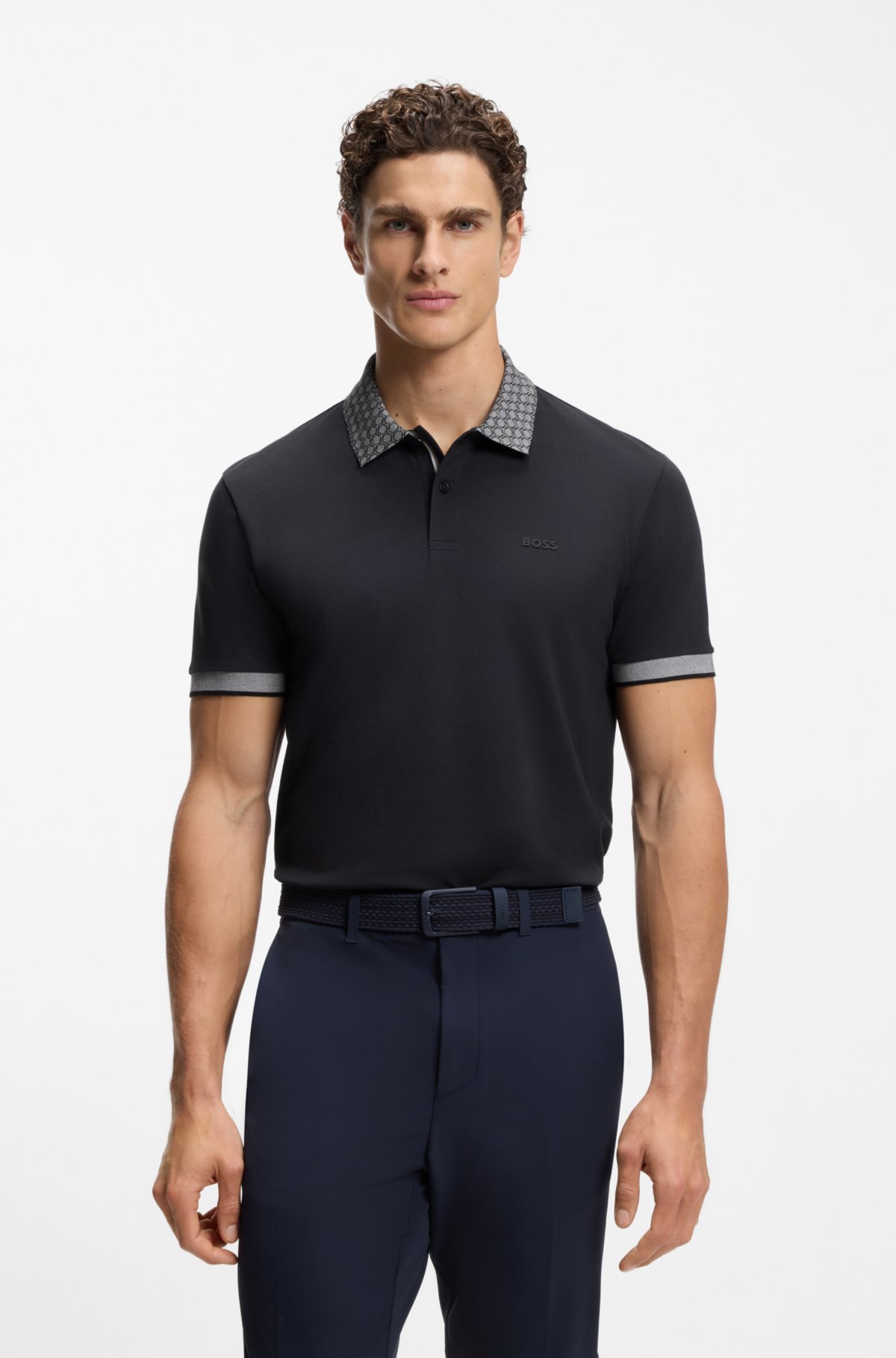 Camiseta de piqué de algodón elástico con estampado hexagonal