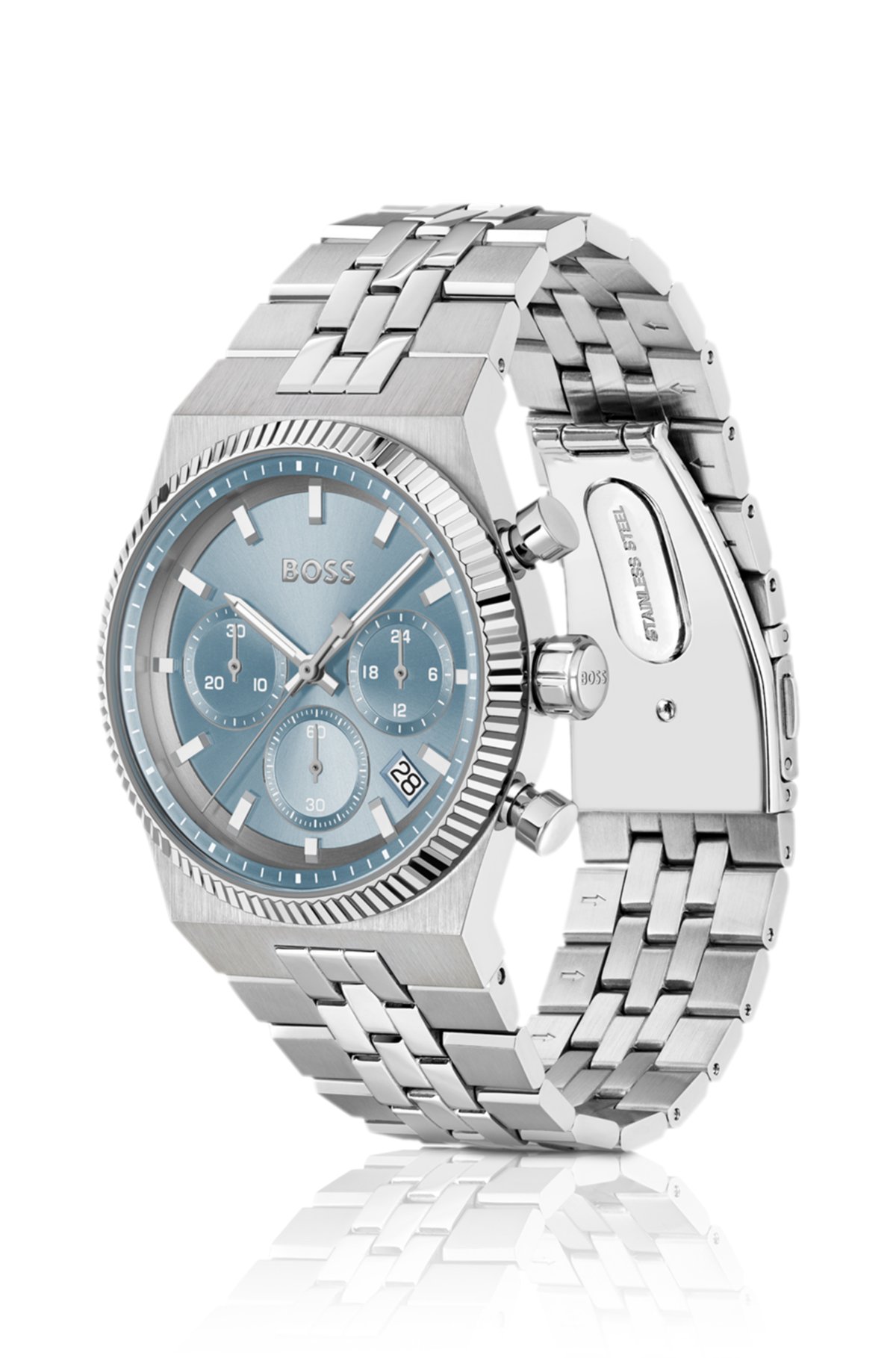 Reloj cronógrafo de esfera azul con bisel con relieve