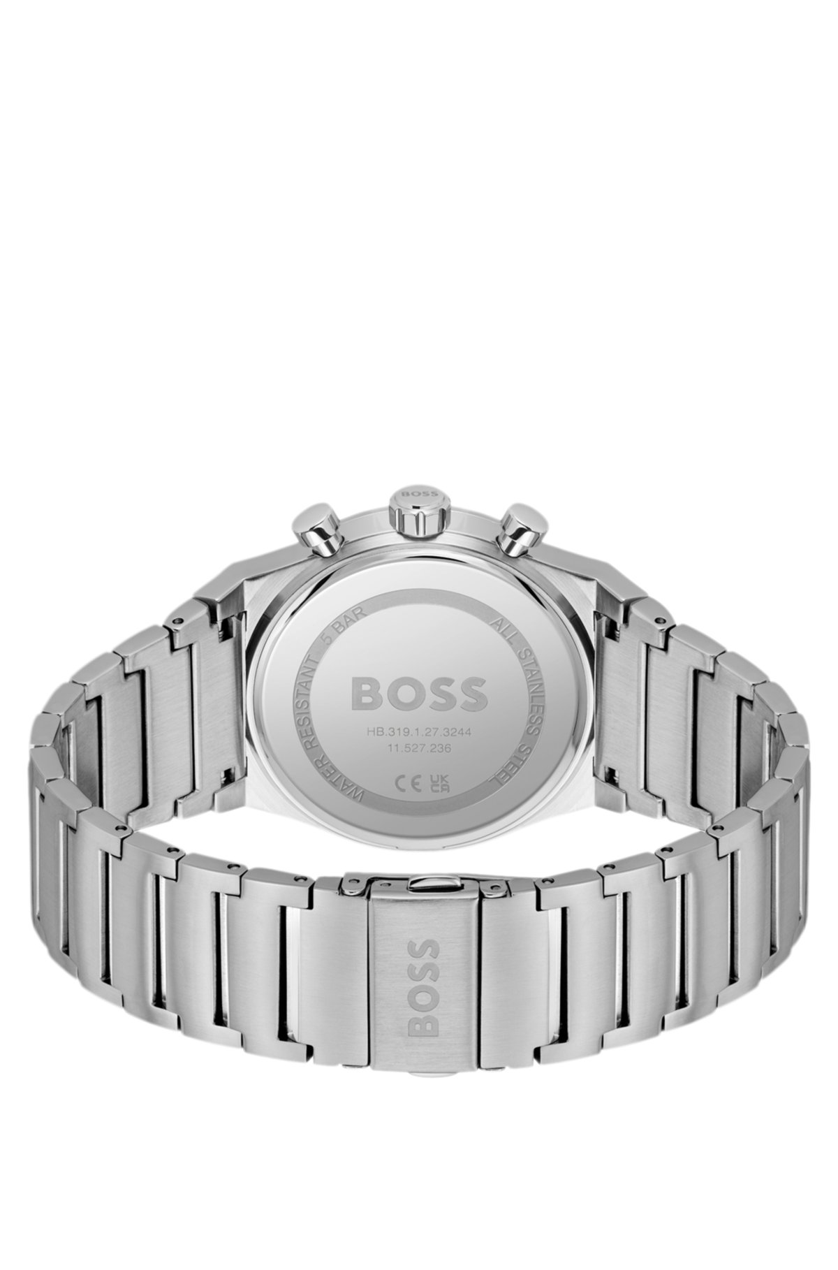Reloj cronógrafo con pulsera de eslabones en acero tono plata