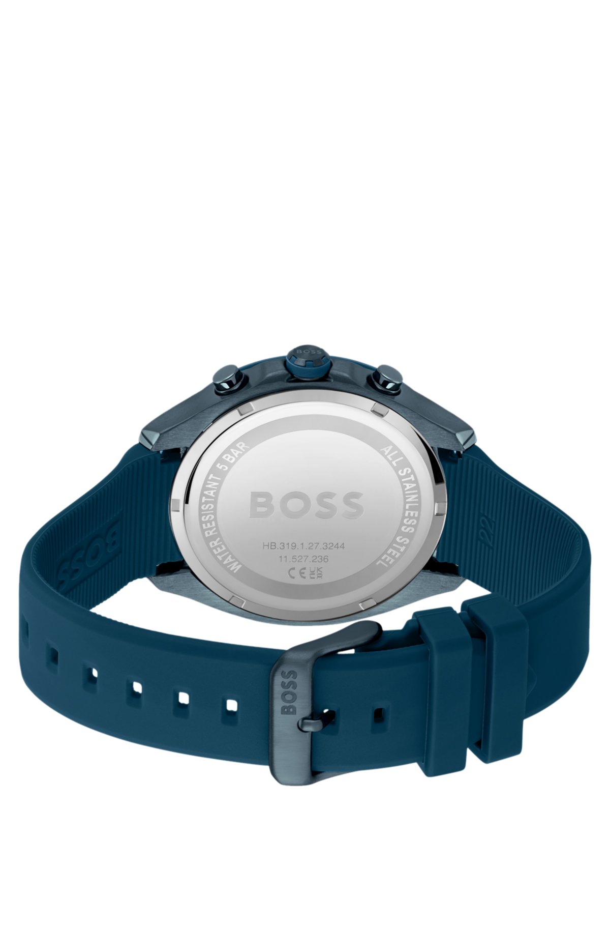Reloj cronógrafo con platina azul y correa de silicona azul