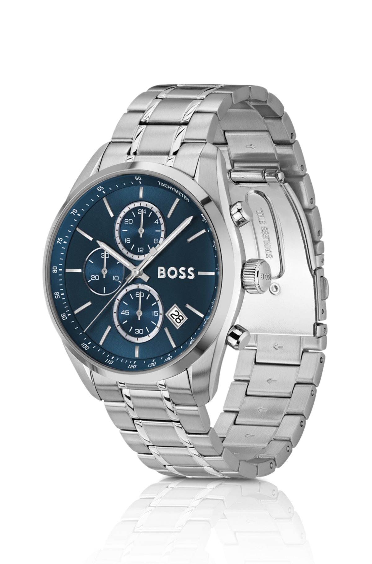 Reloj cronógrafo con esfera azul en acero tono plata