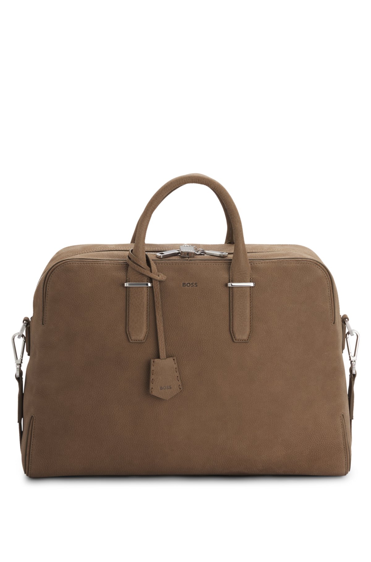 Bolsa de viaje de cuero con textura y logotipo estampado