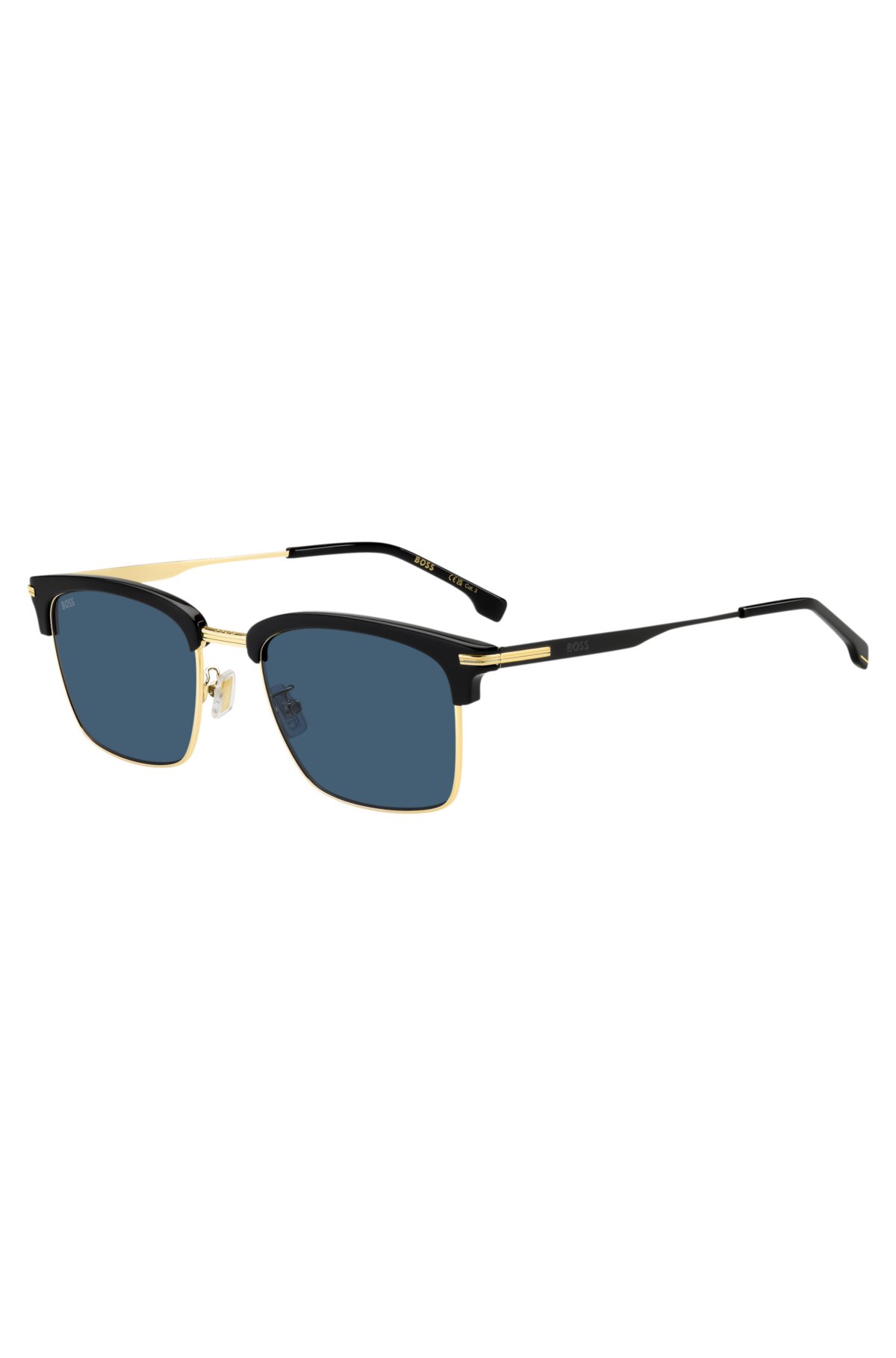 Gafas de sol con lentes azules y montura negra y dorada