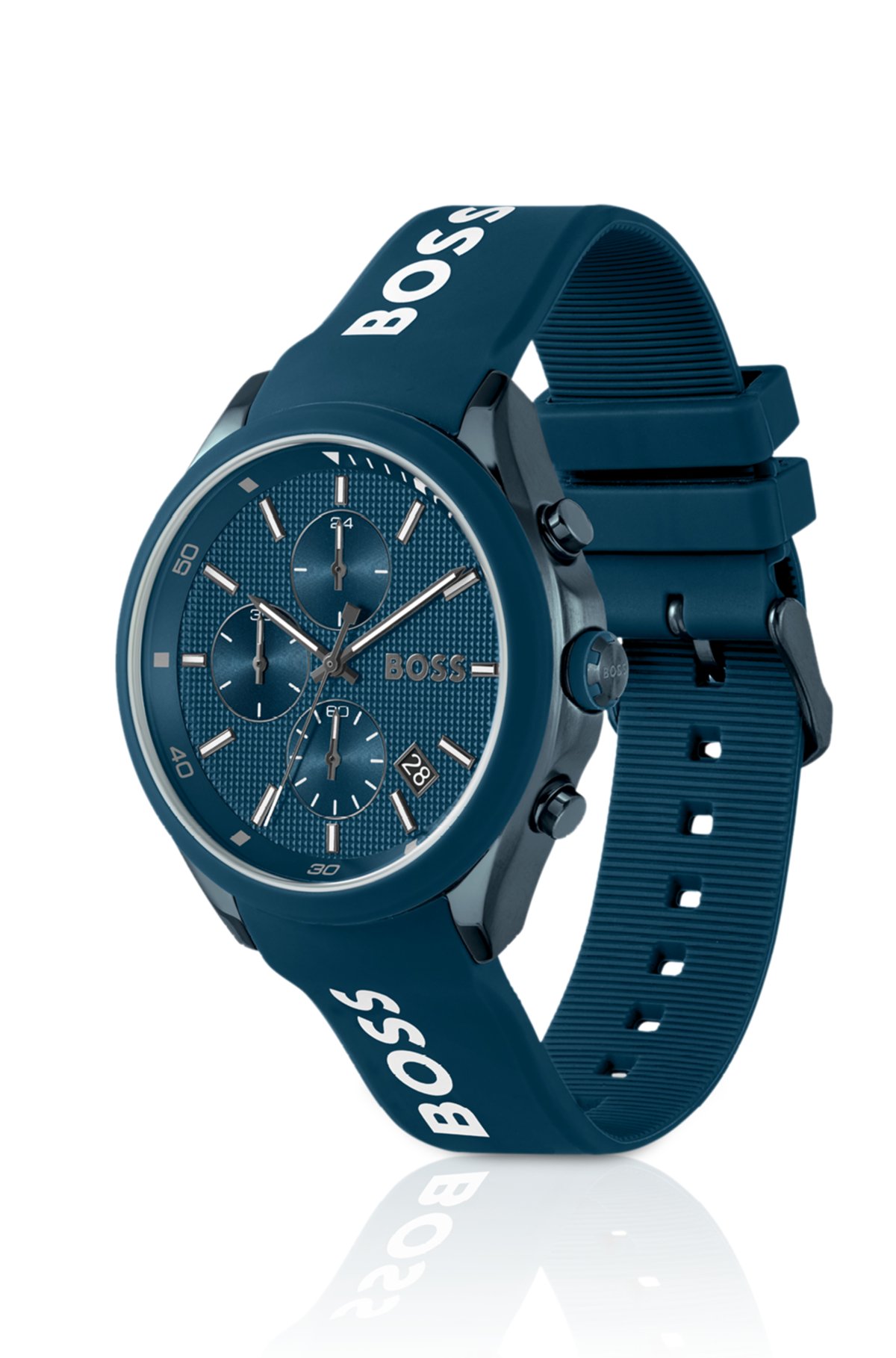 Reloj cronógrafo con platina azul y correa de silicona azul