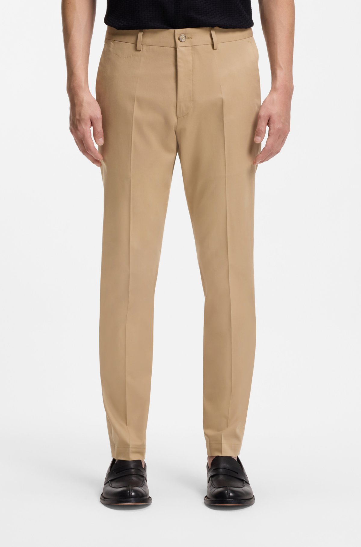 Pantalones entubados en algodón, seda y elastano