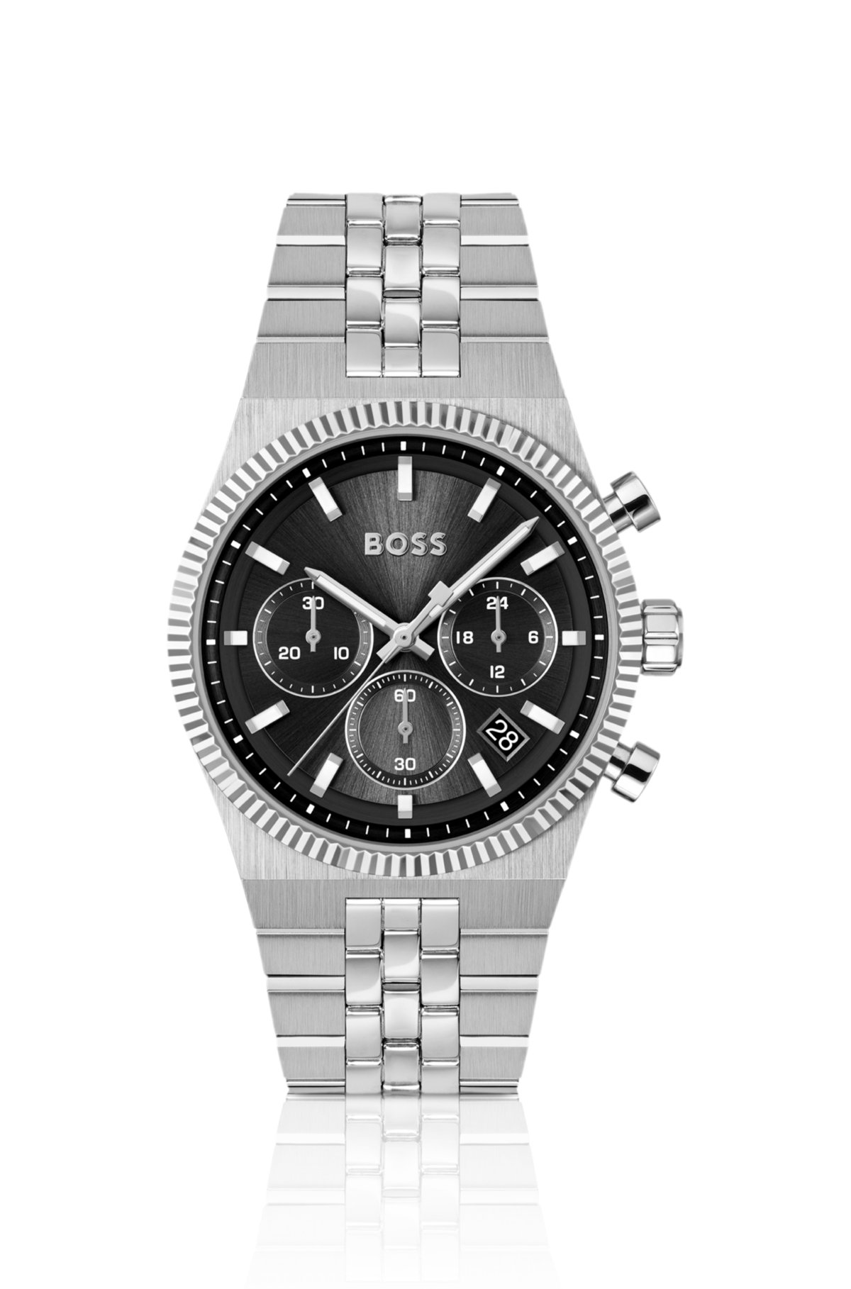 Reloj cronógrafo negro con esfera negra y bisel con relieve