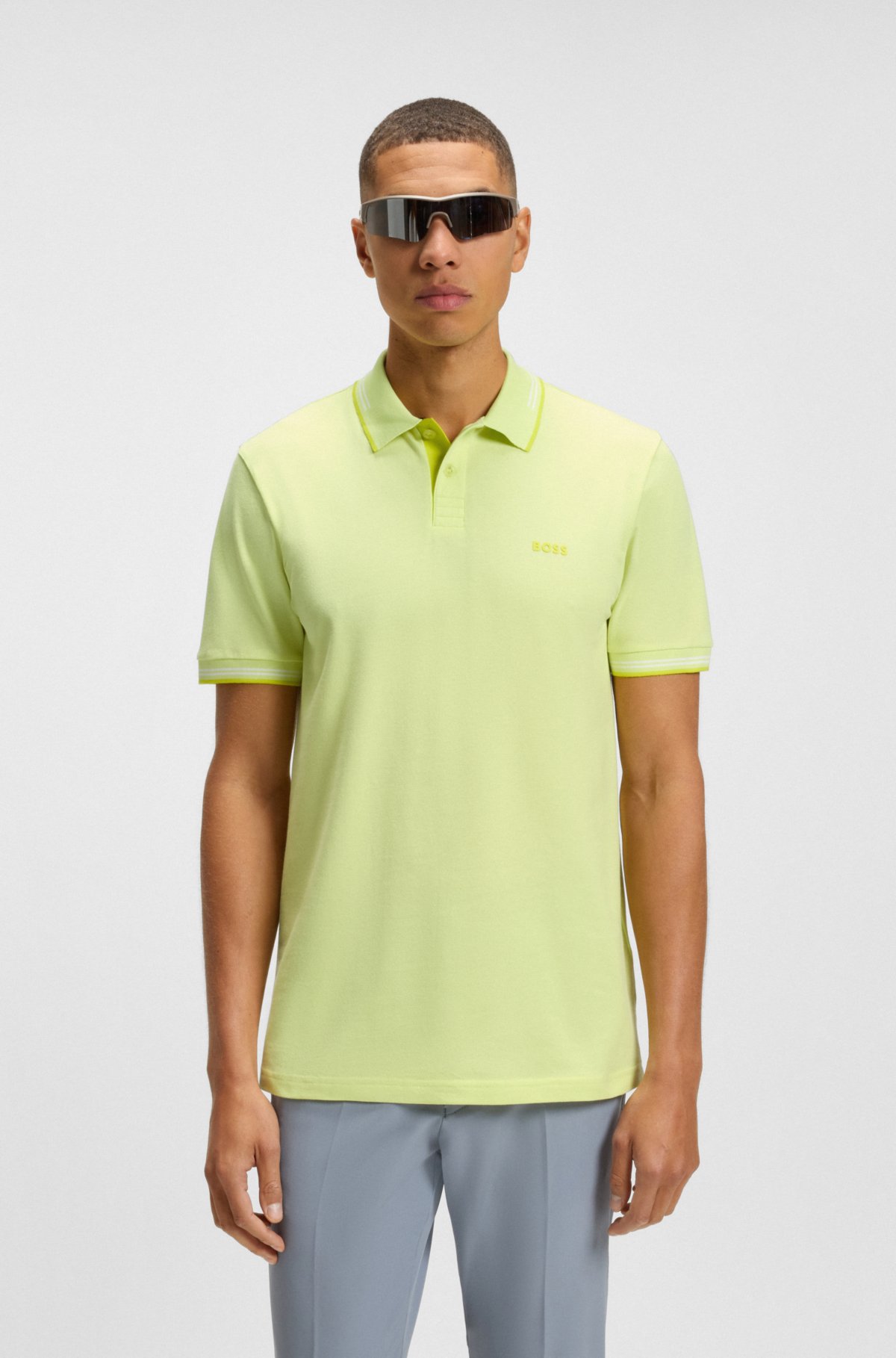 Camiseta polo ajustada de algodón elastizado con marca y rayas