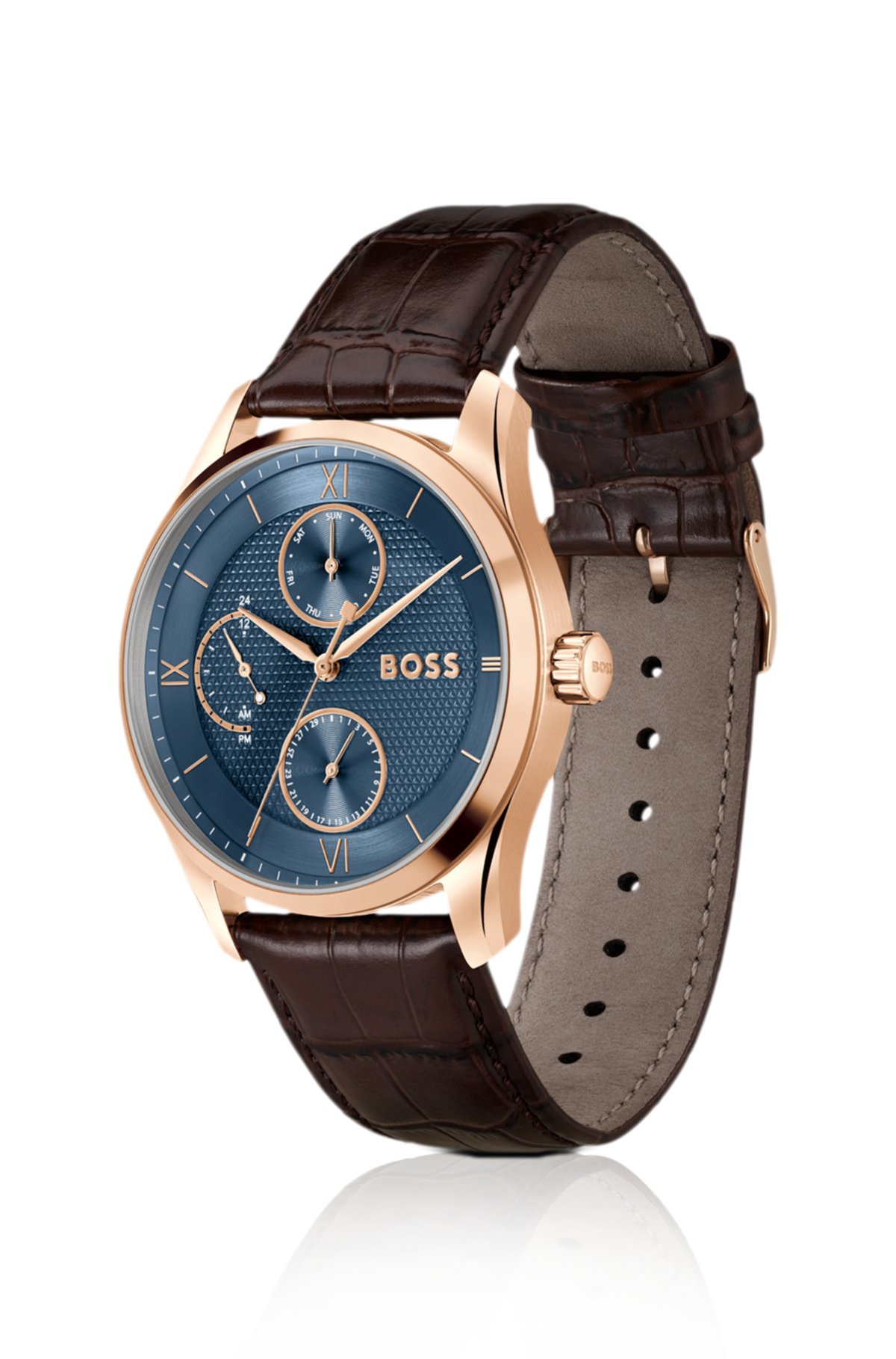 Reloj de cuero con correa de piel y esfera azul texturizada