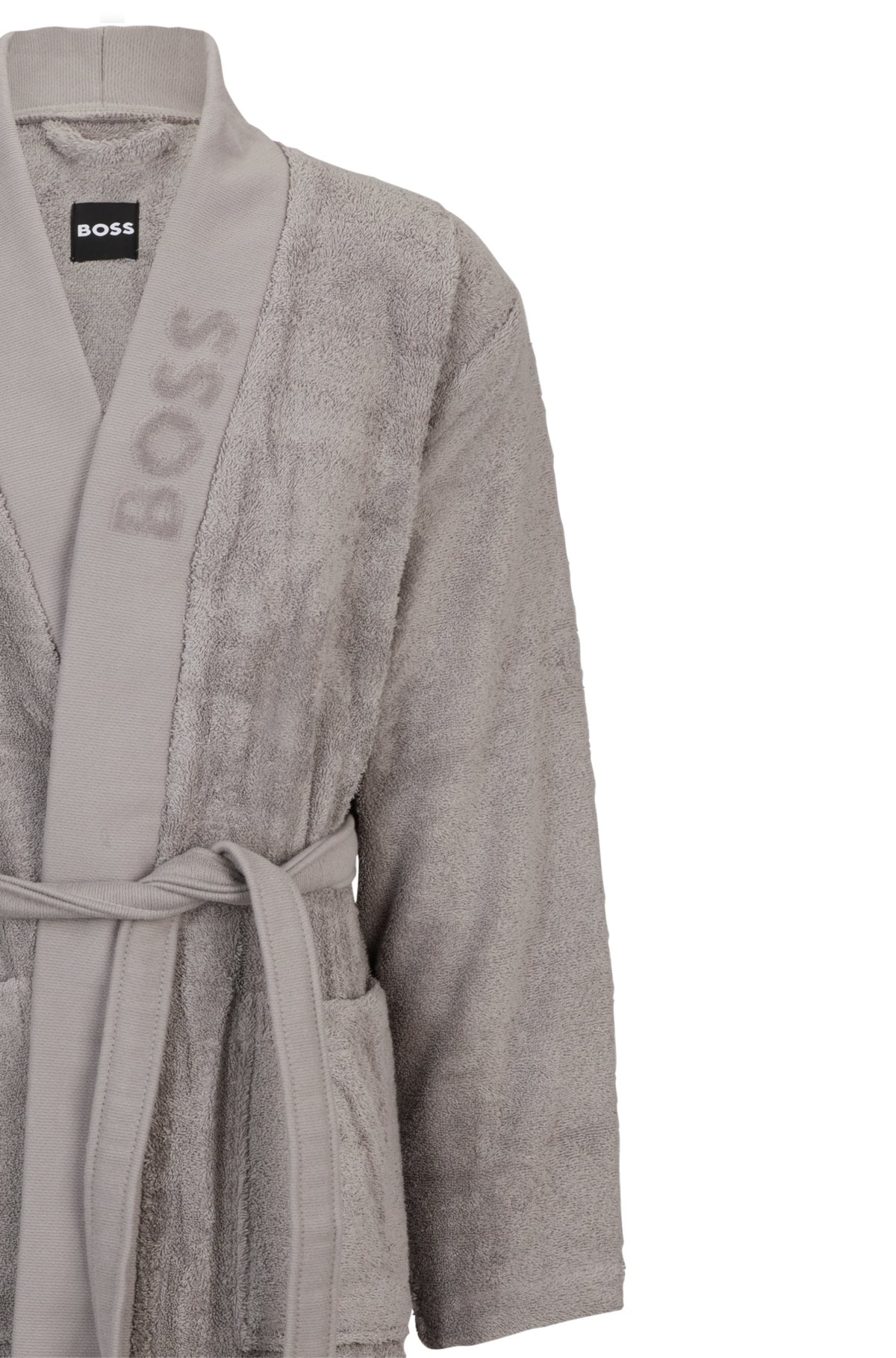 Bata de baño gris con logo en solapa de algodón de fibra larga