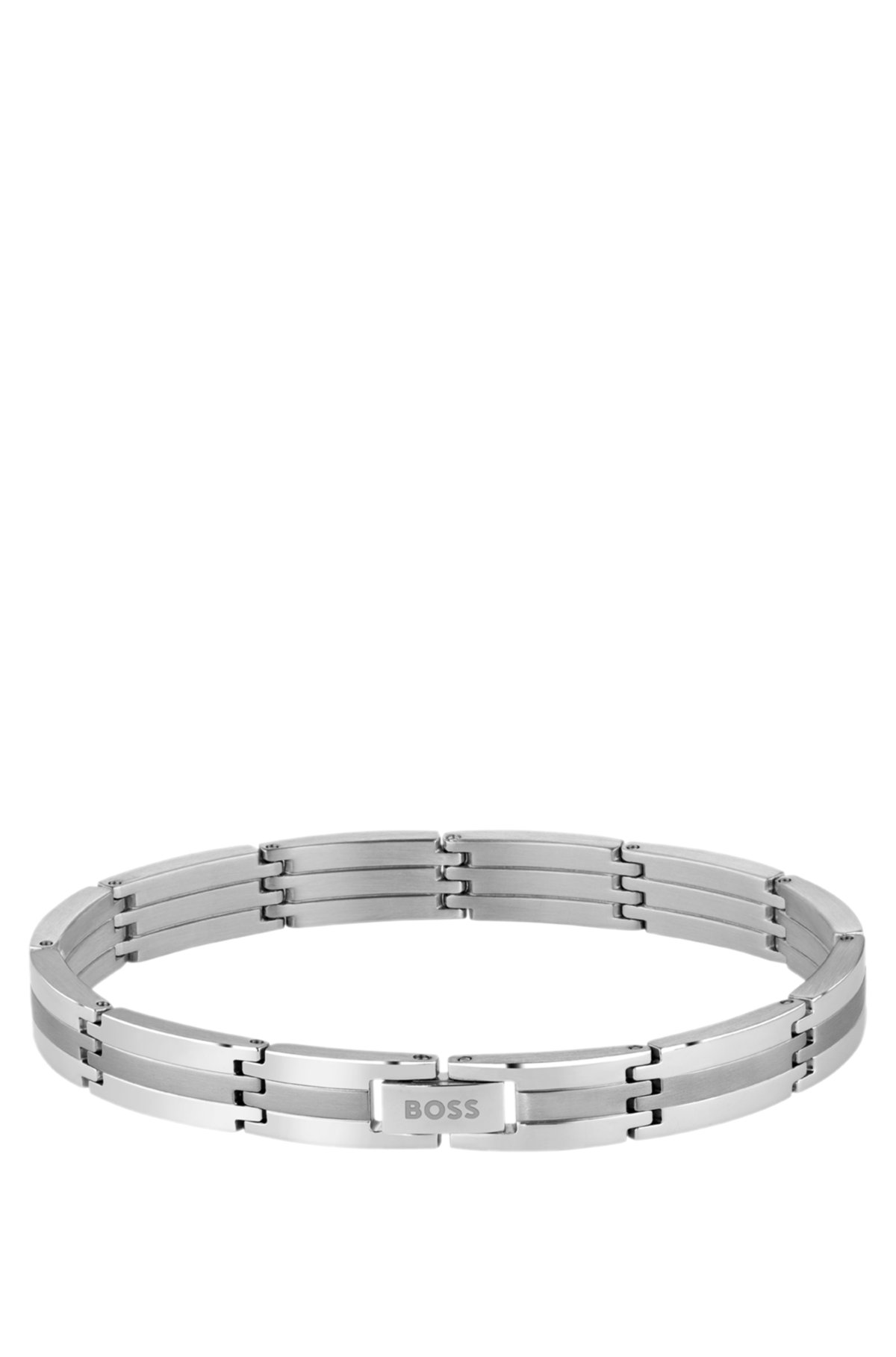 Pulsera de rayas tono plata con broche con logotipo