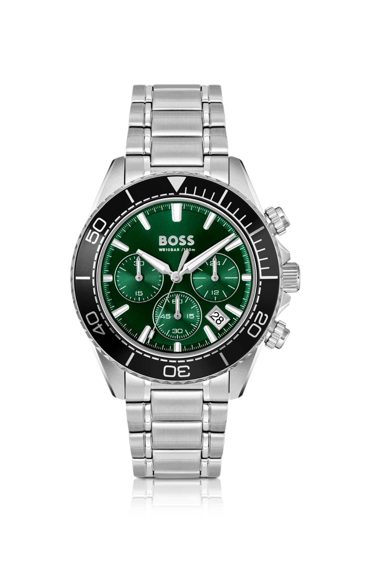 Reloj cronógrafo con tono plateado y esfera verde