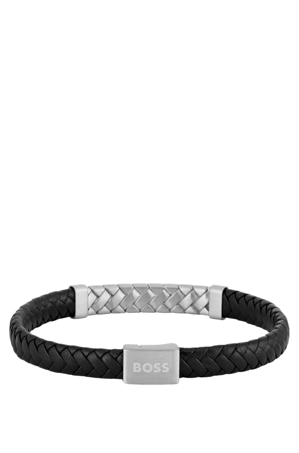 Pulsera de cuero trenzado negro con detalles de herraje en rombo