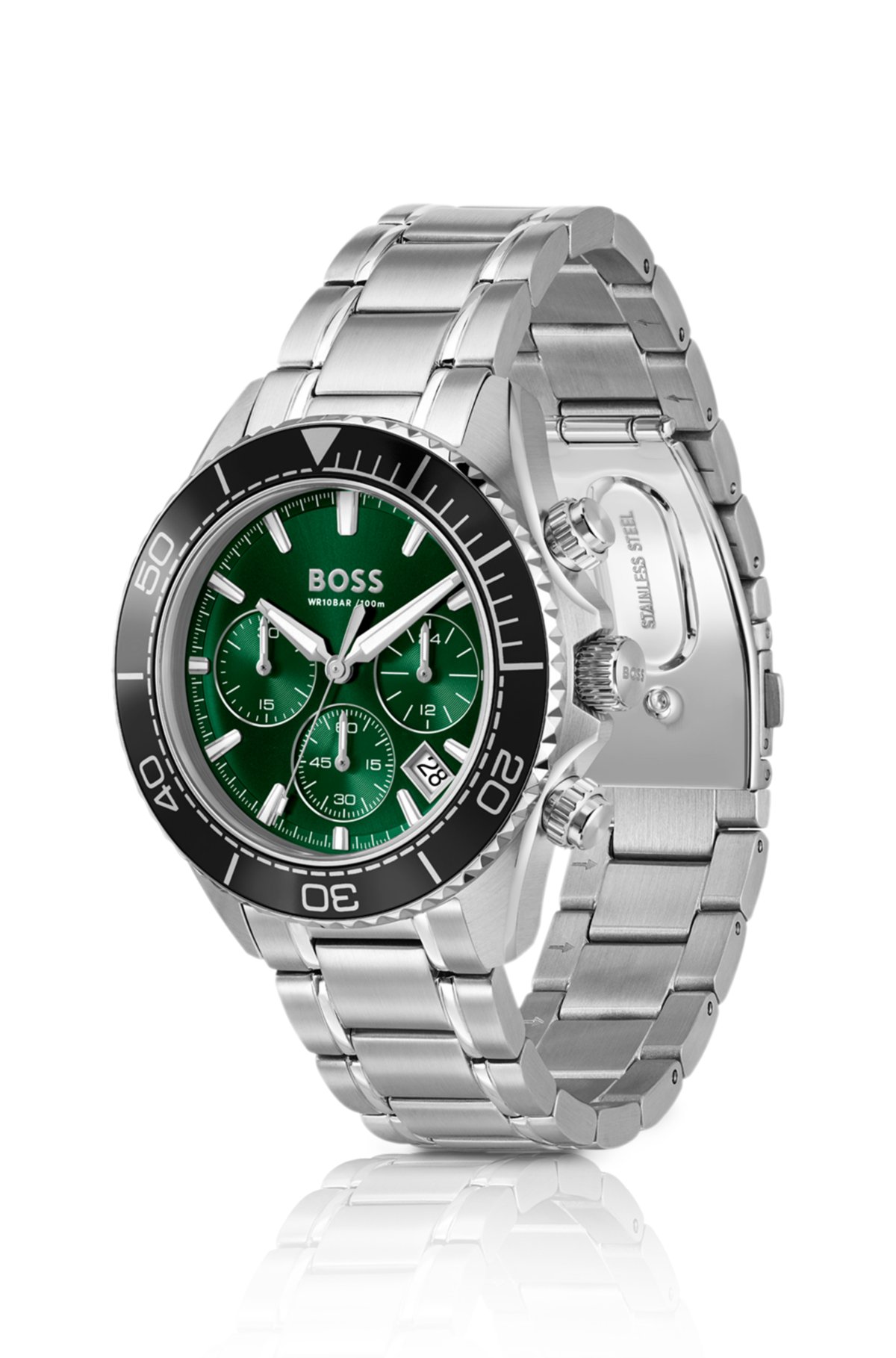 Reloj cronógrafo con tono plateado y esfera verde